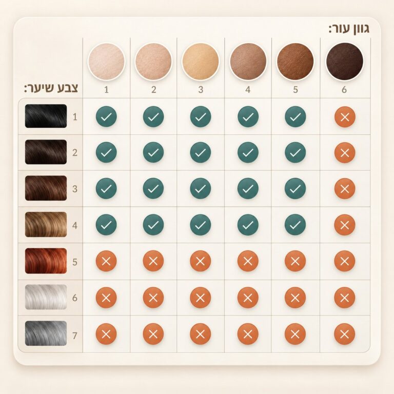 טבלת התאמה: גוון עור 1 עד 6 בשורה העליונה, צבע שיער 1 עד 7 בעמודה. מתאים: גוון עור 1 עד 5 עם שיער שחור, חום כהה, חום ובלונד. לא מתאים: גוון עור 6, ושיער ג׳ינג׳י, לבן או אפור.