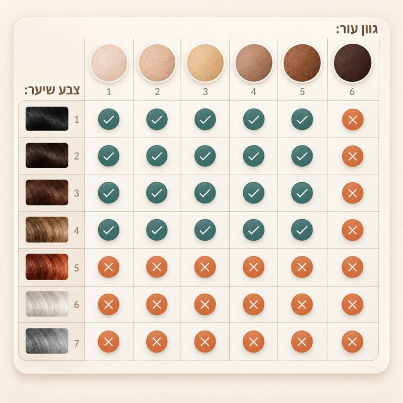 טבלת התאמה: גוון עור 1 עד 6 בשורה העליונה, צבע שיער 1 עד 7 בעמודה. מתאים: גוון עור 1 עד 5 עם שיער שחור, חום כהה, חום ובלונד. לא מתאים: גוון עור 6, ושיער ג׳ינג׳י, לבן או אפור.